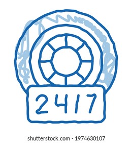 round-the-clock repair of wheels and tires sketch icon vector. Hand drawn blue doodle line art round-the-clock repair of wheels and tires sign. isolated symbol illustration