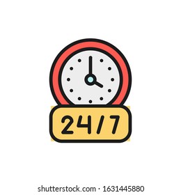Round-the-clock service flat color line icon. Isolated on white background