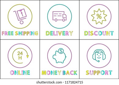 Round-the-clock support, discounts and money back or refund, delivery terms and free shipping minimalistic icon set in line design for e-commerce.