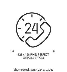 Round-the-clock support pixel perfect linear icon. 24 hour call answering service. Helping customers. Thin line illustration. Contour symbol. Vector outline drawing. Editable stroke. Arial font used