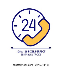 Round-the-clock support pixel perfect RGB color icon. 24 hour call answering service. Helping customers. Isolated vector illustration. Simple filled line drawing. Editable stroke. Arial font used