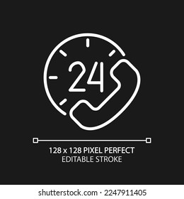 Rund um die Uhr unterstützen Pixel perfekt weiß lineares Symbol für dunkles Thema. Anrufbeantworter rund um die Uhr. Hilfe. Dünne Illustration. Einzelnes Symbol für den Nachtmodus. Bearbeitbarer Strich. Arithmetik verwendet