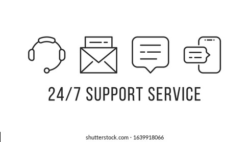 round-the-clock support service linear set. concept of all hrs everyday or day-and-night technical help. simple stroke trend minimal spam in envelope or voip logotype art design isolated on white