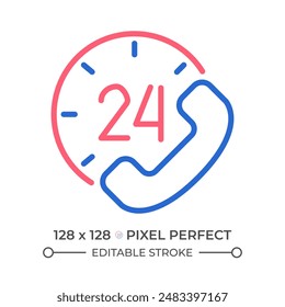 Round-the-clock support two color line icon. 24 hour call answering service. Helping customers bicolor outline symbol. Duotone linear pictogram. Isolated illustration. Editable stroke
