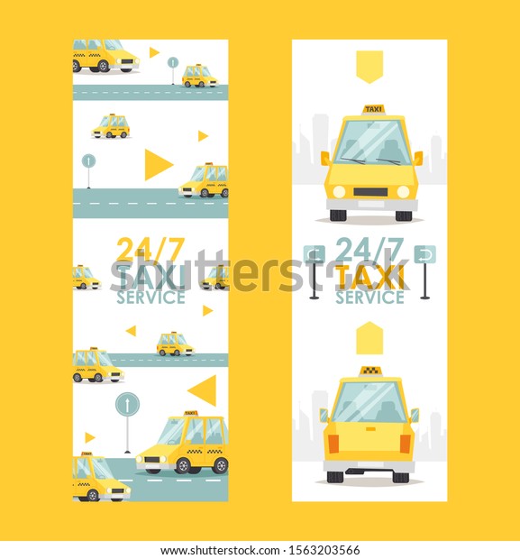 Round-the-clock taxi service banner, vector\
illustration. Fast and reliable cab company advertisement. Yellow\
car in cartoon style, website banner, mobile application idea. Taxi\
cars on city\
roads