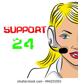 Round-the-clock telephone support. Woman dispatcher. Vector illustration