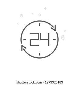 Round-the-clock Vector Line Icon. 24 Hour Symbol, Pictogram, Sign. Light Abstract Geometric Background. Editable Stroke. Adjust Line Weight. Design with Pixel Perfection.