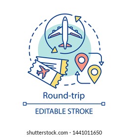 Round-trip concept icon. Return ticket idea thin line illustration. Travelling by plane, airplane trip. Aircraft flight route, path. Airline transfer. Vector isolated outline drawing. Editable stroke