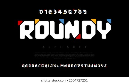 Roundy creative modern geometric urban alphabet font. Digital abstract futuristic, game, techno, robot, music, logo, sport, minimal technology typography. Simple numeric vector illustration