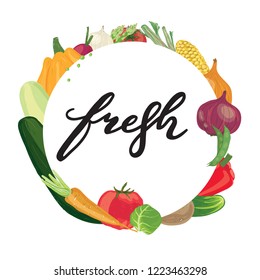 Rounf frame with vegetables and lettering, healthy eating and vegan food theme