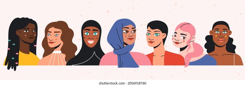 roup of woman of different ethnicities, cultures, skin color. Female character avatars set. Female friendship and sisterhood concept. Woman isolated vector illustration. Feminist movement.