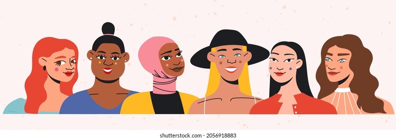 roup of woman of different ethnicities, cultures, skin color. Female character avatars set. Female friendship and sisterhood concept. Woman isolated vector illustration. Feminist movement.
