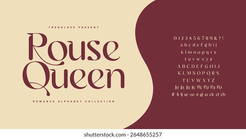 Rouse Queen: An elegant serif typeface with graceful curves and classic charm. Includes uppercase and lowercase letters, ideal for beauty branding, luxury packaging, and editorial headlines.