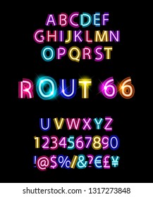 Rout 66 neon font, Broadway style vintage typeface vector illustration