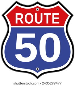 Route 50 road sign. Retro style vector illustration