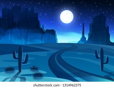 Route 66 and the Grand Canyon desert landscape at night vector illustration.