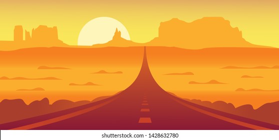 Route 66 And The Grand Canyon Desert Landscape Vector Illustration. 