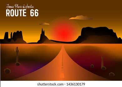 Route 66 and the Grand Canyon desert landscape illustration. Route 66, roadway with a pointer, the horizon with a sandy wasteland. Travel background concept