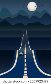 Route 66 and the Grand Canyon desert at night, vector illustration