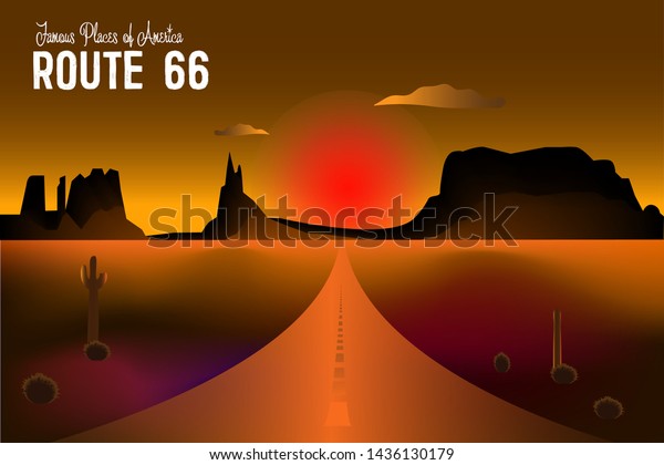Route 66 and the Grand Canyon desert\
landscape illustration. Route 66, roadway with a pointer, the\
horizon with a sandy wasteland. Travel background\
concept