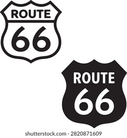 Route 66 Highway Sign Icon Set, Historic American Road Shield Black Vector Symbols.