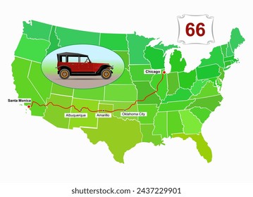 Route 66. Map of the East-West United States Route. Science education vector illustration