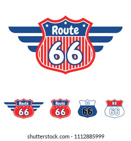 Route 66 red and blue vector icon. US historic route sixty six symbol.