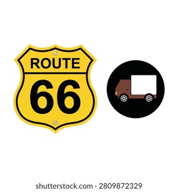 Route 66 shield sign with brown truck icon on white background, symbolizing travel and transportation