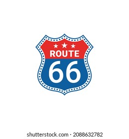 Route 66 sign. Color red and blue Badge vintage logo isolated on white background. Legendary highway interstate USA. Vector illustration.