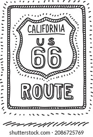 Route 66 sign. Sketchy hand-drawn vector illustration.