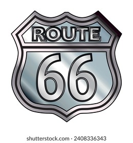 Route 66 spoof traffic sign in silver over a white background and the legend ROUTE 66