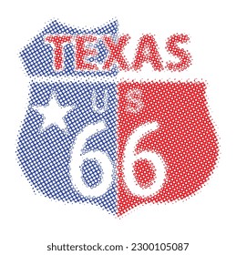 Route 66 traffic sign halftone set over a white background and the state name Texas with flag