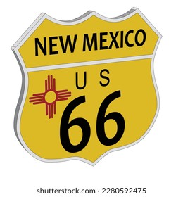 Route 66 traffic sign over a white background and the state name New Mexico and flag in 3D