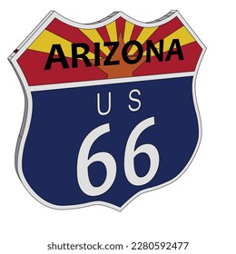 Route 66 traffic sign over a white background and the state name Arizona in 3D