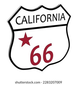 Route 66 traffic sign over a white background and the state name California in 3D