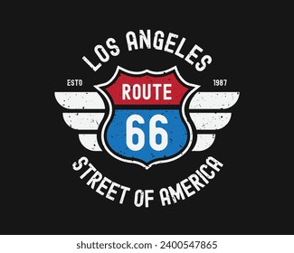 Route 66 typography graphic for t-shirt. Original clothes design with grunge, wings and slogan.