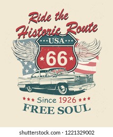 Route 66 typography for t-shirt print with sign route 66 and retro car.Vintage poster.