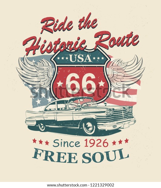 Route 66 typography for t-shirt print\
with sign route 66 and retro car.Vintage\
poster.