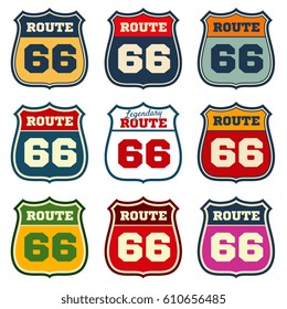 Route 66, vintage us highway vector emblems. Highway sign for transport, route sign and emblem for travel illustration.