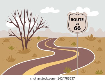 Route 66.Road to the mountains.Highway through desert with mountains on horizon.