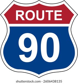 Route 90. Sign with route number. Designations of routes or tourist destinations. Road number. US route sign.