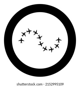 Route from airplanes flight tourism path plane flights adventure time concept itinerary fly icon in circle round black color vector illustration image solid outline style