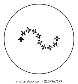 Route from airplanes flight tourism path plane flights adventure time concept itinerary fly icon in circle round black color vector illustration image outline contour line thin style simple