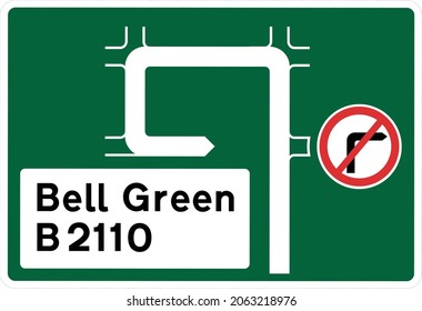 Route avoiding prohibited turn on a primary route, road signs in the United Kingdom
