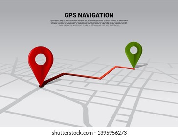 Route between 3D location pin markers on city road map. Concept for GPS navigation system infographic.
