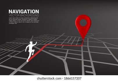 Route between 3D location pin markers and businessman on city road map. Concept for GPS navigation system infographic.