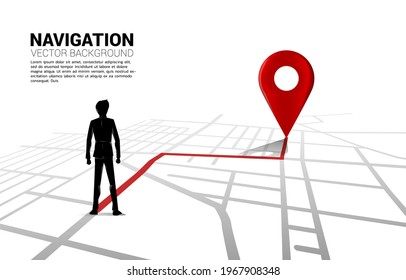Route between 3D location pin markers and businessman on city road map. Concept for GPS navigation system infographic.