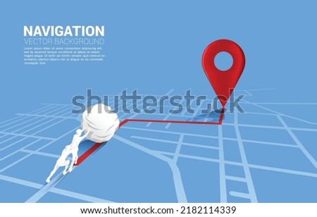 Route between 3D location pin markers and two businessman push the rock on city road map. Concept for business goal and teamwork.
