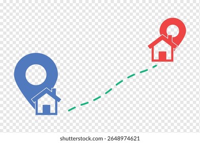 Route between location pin markers and home icon on city road map. Concept for GPS navigation system infographic. Location icon. Map pin icon set. location marker. location pin. Map pin icon vector 