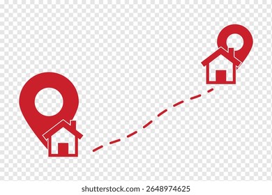 Ruta entre los marcadores de pin de ubicación y el icono de inicio en el mapa de carreteras de la ciudad. Concepto para infografía del sistema de navegación GPS. Icono de Locación. Conjunto de iconos de pin de mapa. marcador de ubicación. pin de ubicación. Vector de icono de pin de mapa 